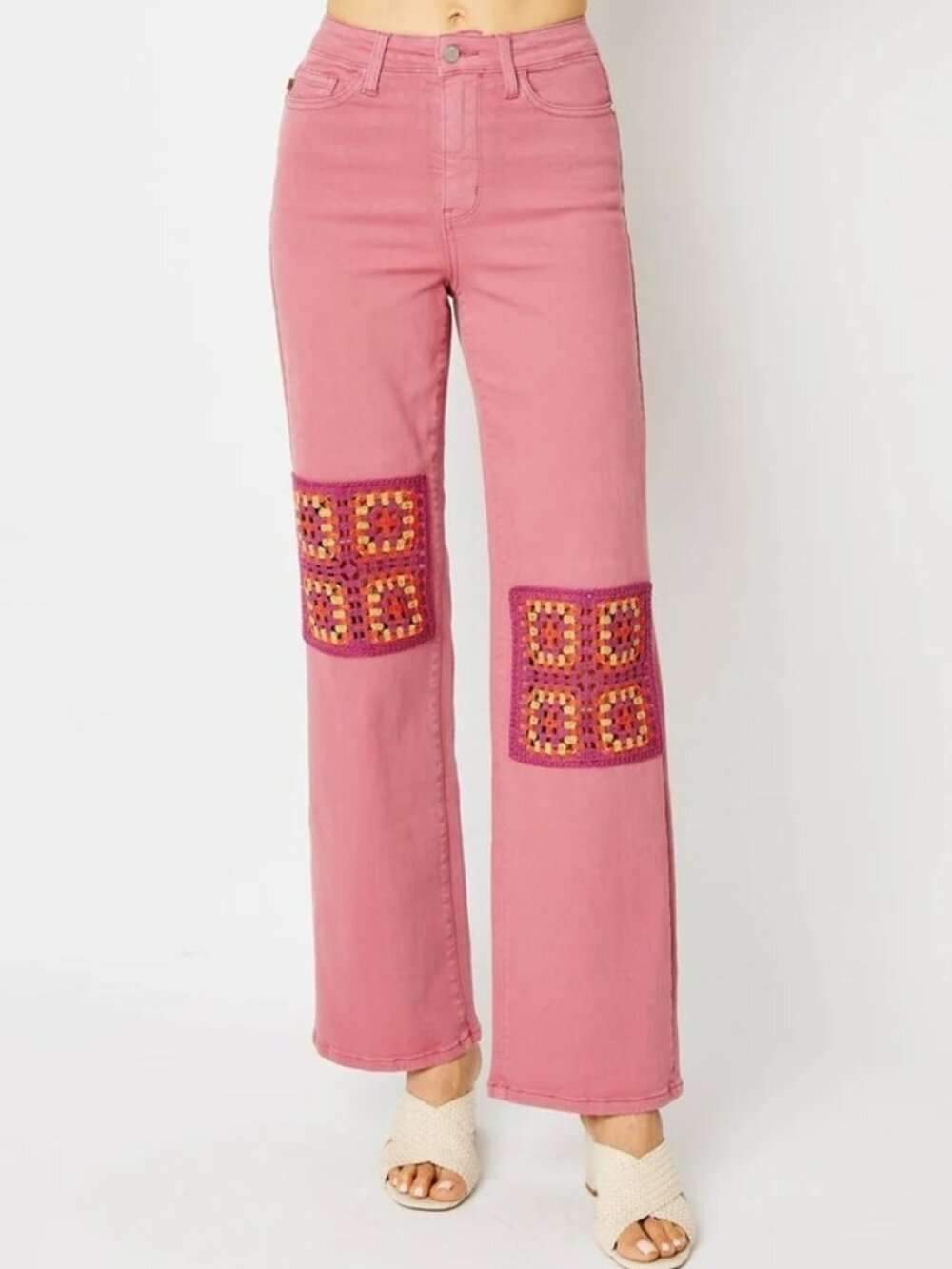 Judy Blue High Waist Crochet Patch Wide Leg Jeans Dusty Pink NWT 9/29